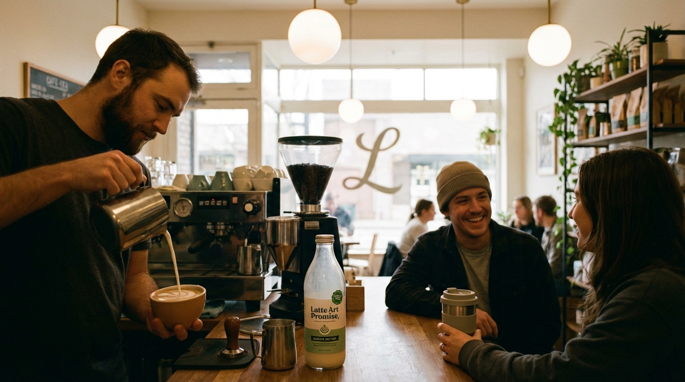 Generative AI video production: photorealistic barista pouring latte art for coffee brand market research