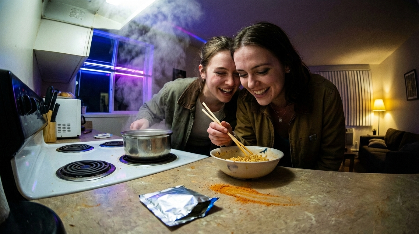 AI animatic example: photorealistic friends sharing noodles for food brand market research and creative testing