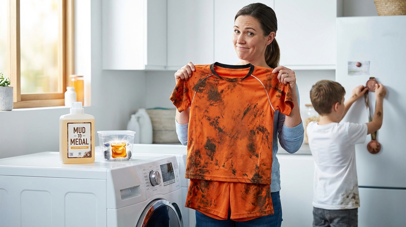 AI animatics for brands: photorealistic laundry detergent ad testing showing mother with muddy sports kit