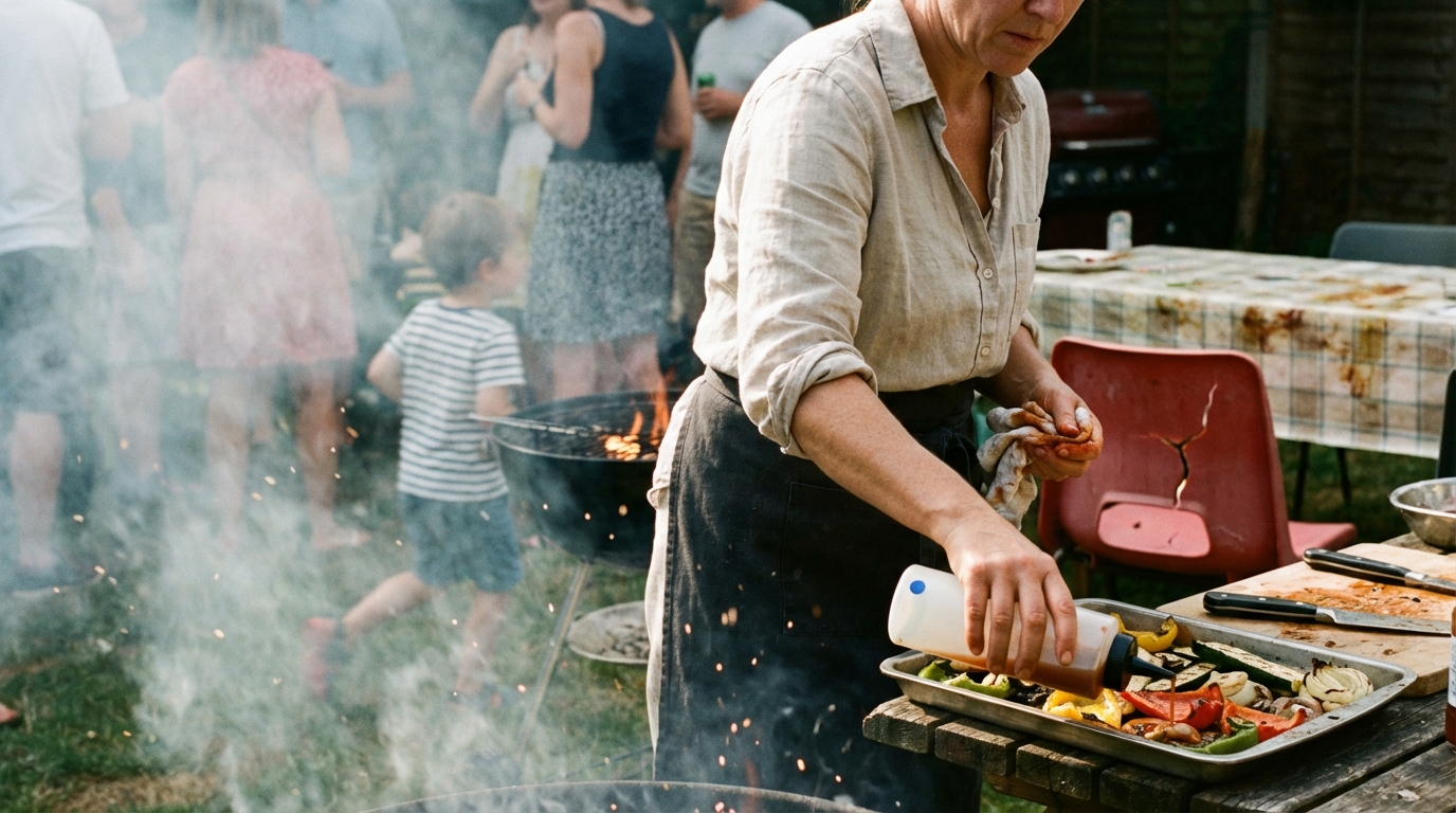 AI video production studio: photorealistic outdoor barbecue cooking scene for FMCG advertising and research