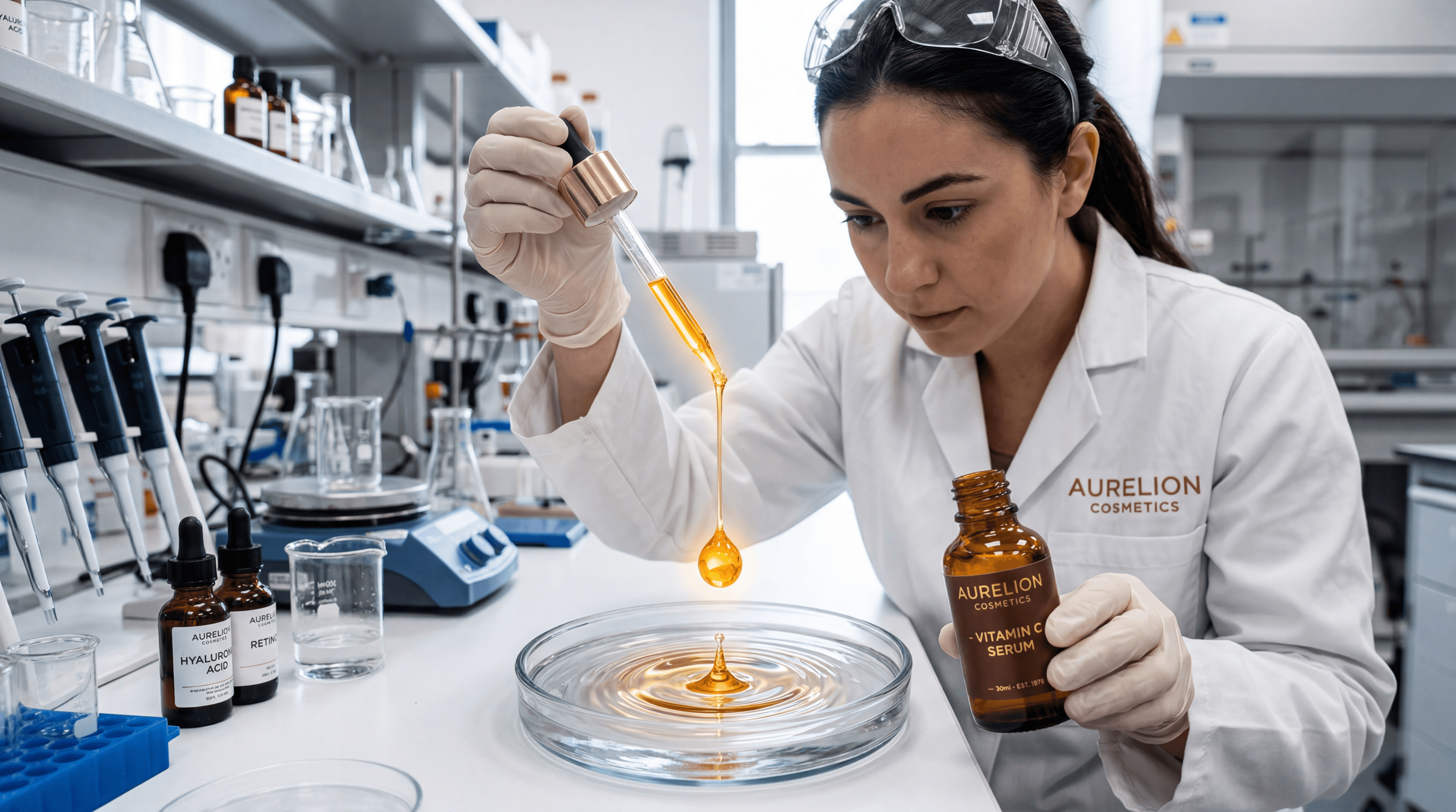 AI video production example: photorealistic cosmetics laboratory scene with skincare product placement for beauty brand