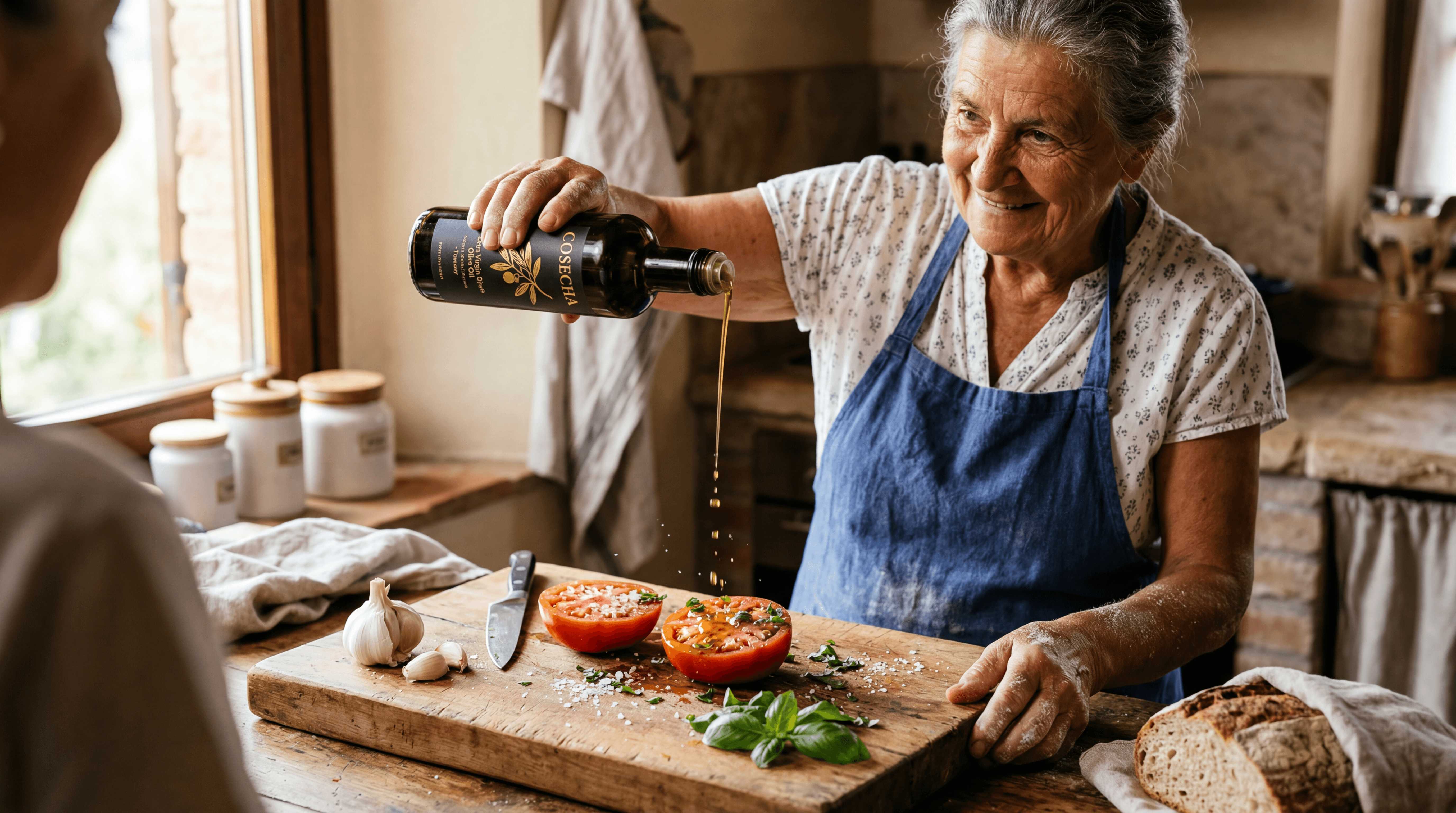 Generative AI video production: Mediterranean kitchen scene with olive oil brand and rustic food styling