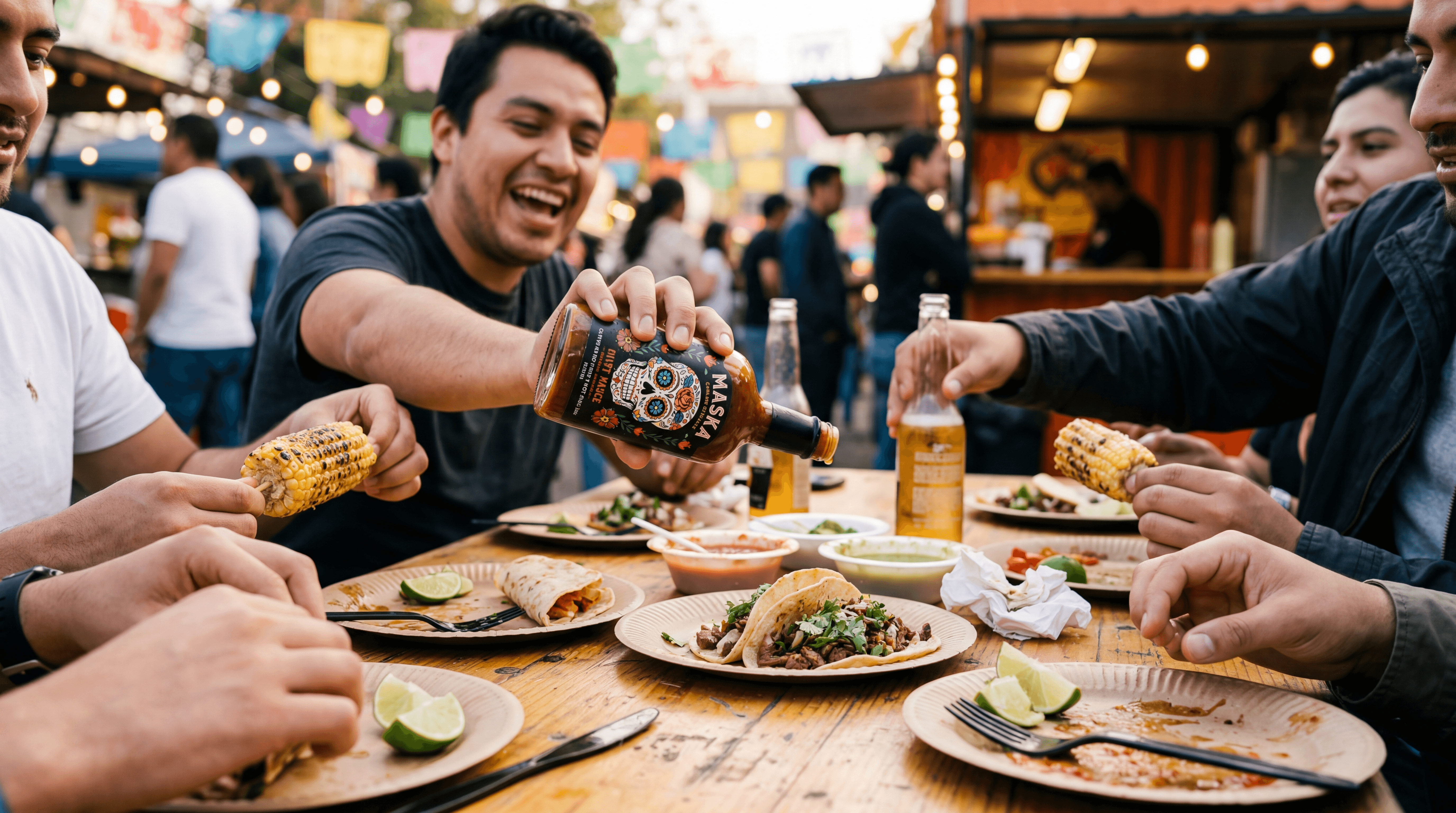 AI video production for advertising: street food market scene with hot sauce brand product placement