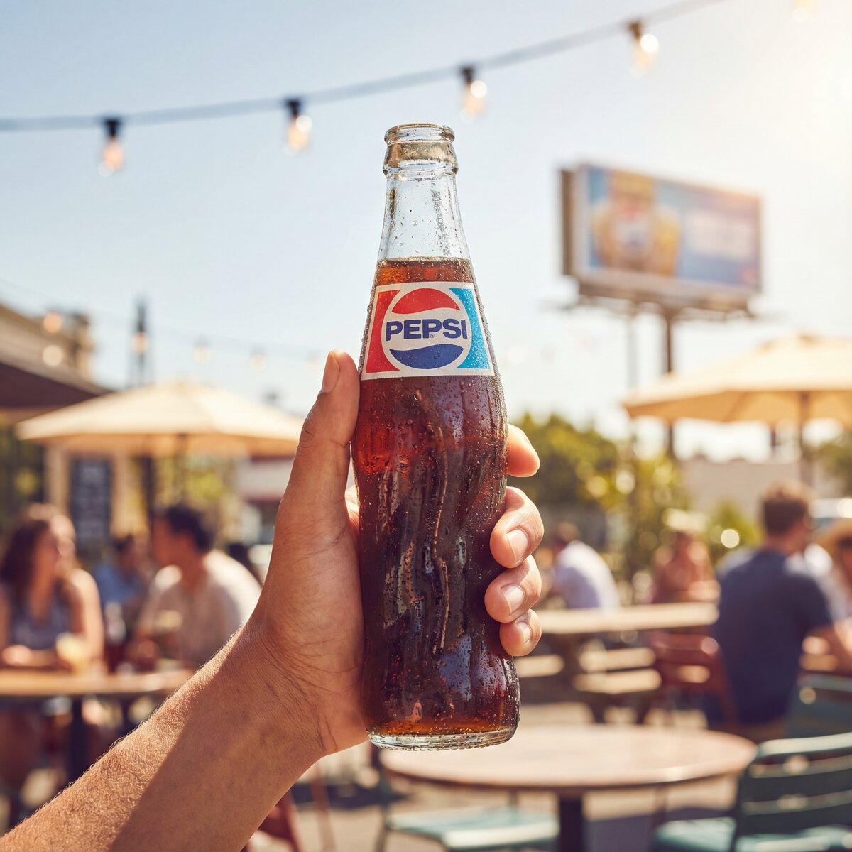 AI-generated image: Hand holding Pepsi bottle at outdoor event, example of AI animatic visual for beverage brand campaign testing